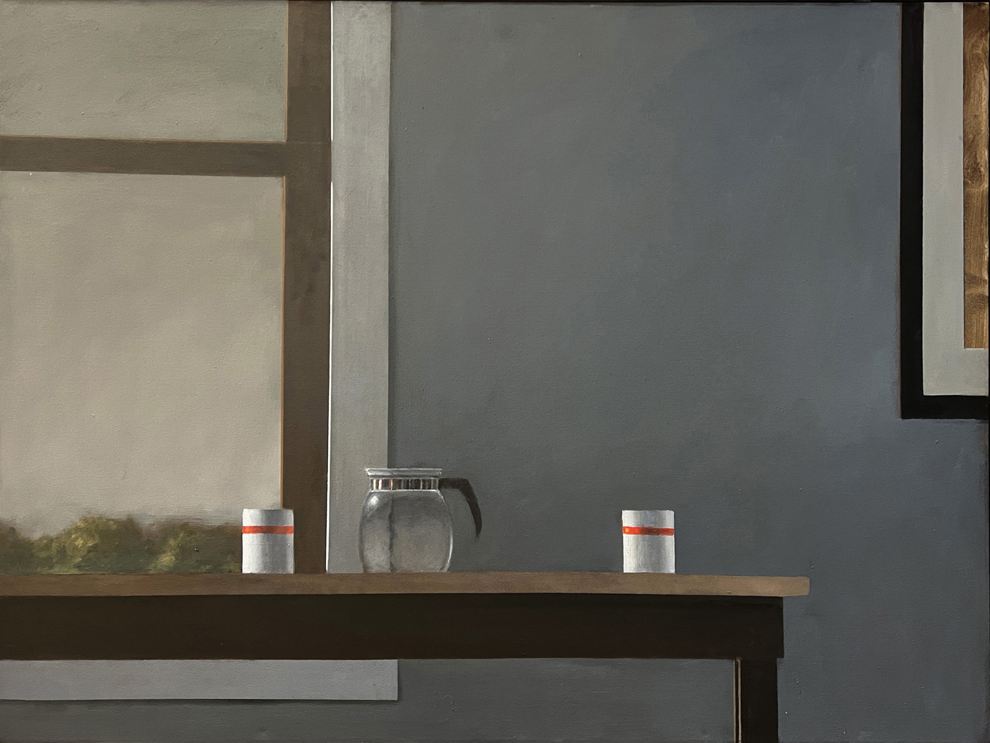 "Coffee Pot and Two Cups", 2026, oil on canvas, 36" x 48"