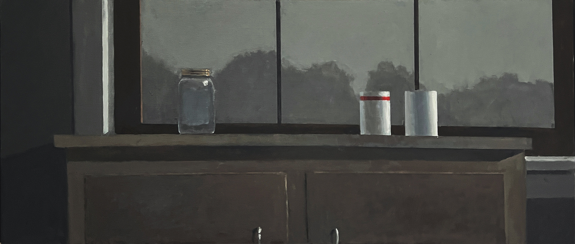 "Two Cups,  One Jar", 2022, oil on panel, 16" x 40"