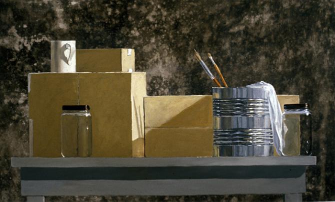 'Can, Brushes, Boxes and a Cup', acrylic on canvas, 2000, 20.5x34'; private collection