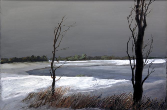 "Trees, Frozen Lake", 2008, oil on wood panel, 24 x 36"