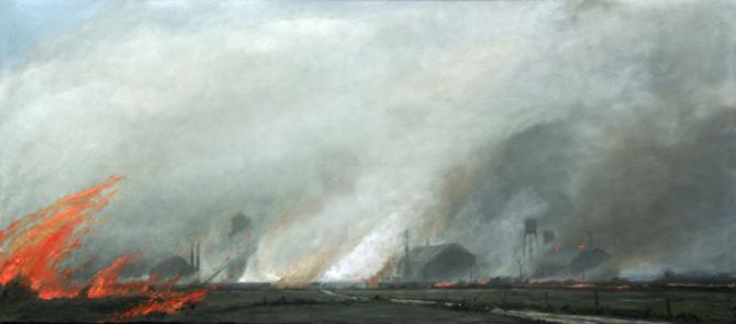 'The Fire Reached Petersons Crossing', 2008, oil on canvas, 38 X 86 inches