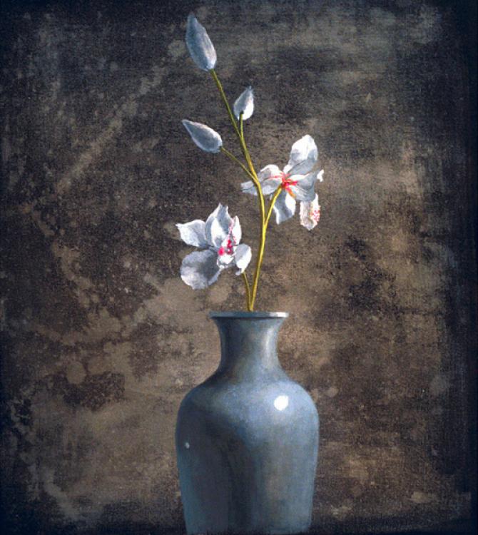 'Irises in a Blue Vase', acrylic on canvas, 2001, 22 X20 inches