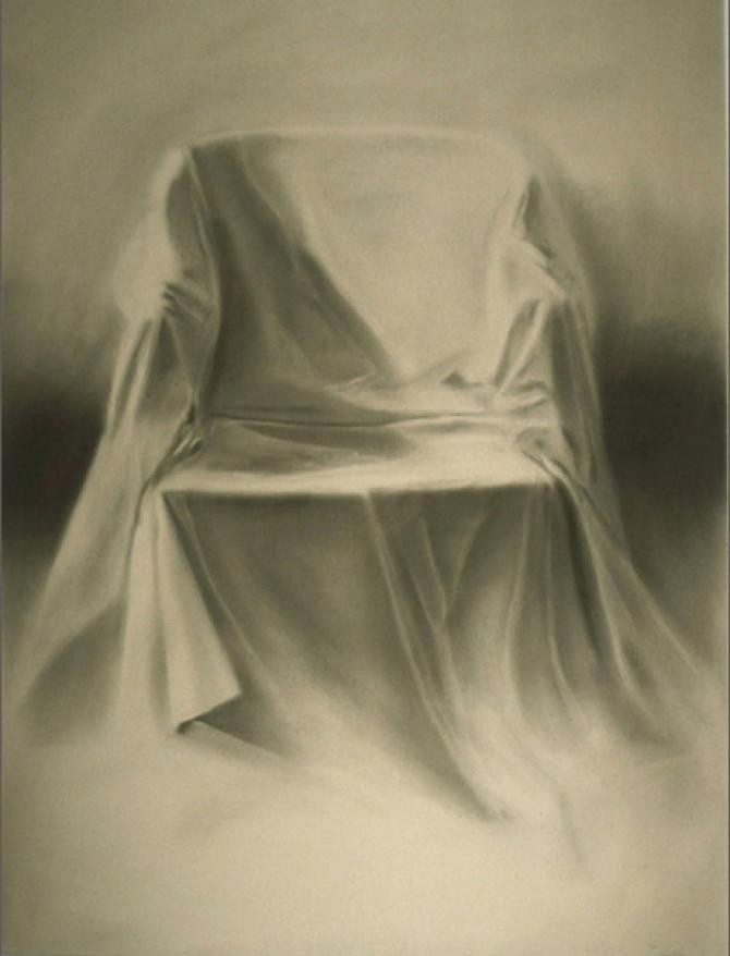 Draped Chair, charcoal on buff paper, 1999, 48x36"; collection of the artist