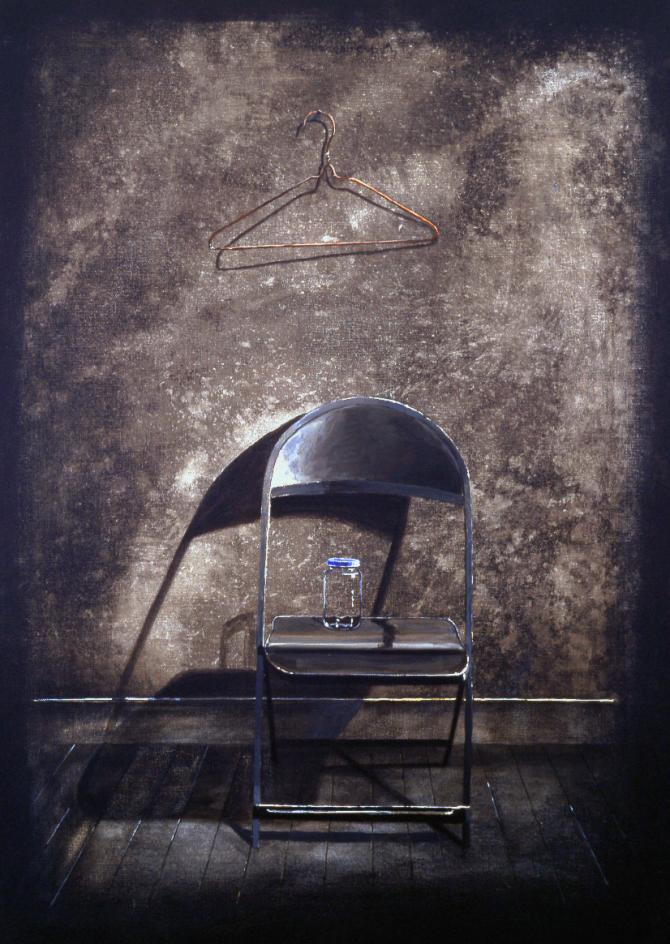 "Folding Chair, Jar, Coat Hanger", 1997, acrylic on canvas, 36 x 26"