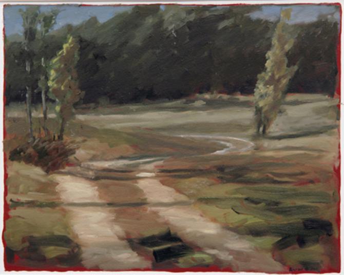 'Farm Road II', 2007, oil on gessoed paper, 10 X 12 1/2 inches (image area)