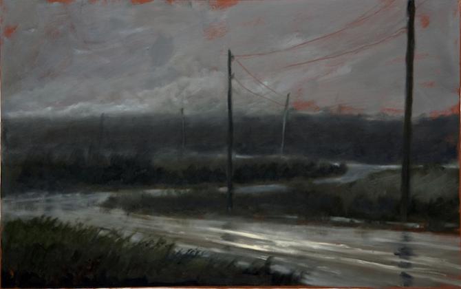 'Rural Road at Night II', 2011,oil on gessoed paper, 14 x 22 inches 