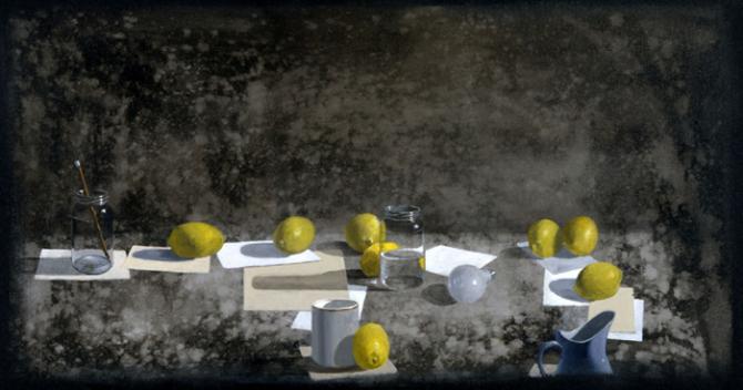 'Still Life with Lemons, Envelopes and Pencil', acrylic on canvas, 24x48', 1998, private collection, San Francisco