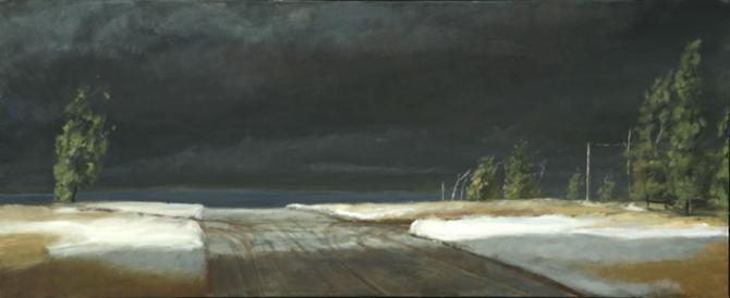 'First Snow: On Entering Arizona from Utah', 2006, oil on canvas, 18x44', Private Collection