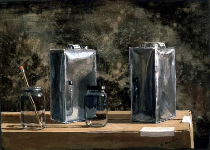 'Solvent Cans', acrylic on paper, 2001, 12x14'; private collection, NYC