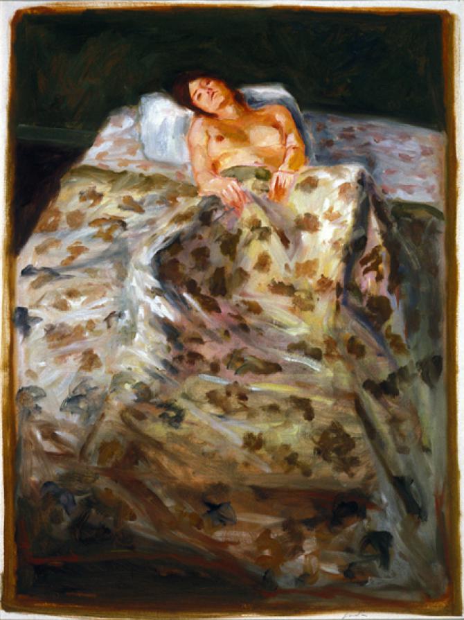 'Girl with Flowered Bedspread', 1976, oil on paper, 26 X 19 inches; collection of the artist
