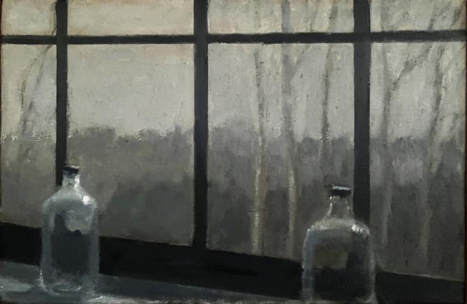 "Two Bottles on a Window Sill", 2022, oil on canvas, 8" x 12"