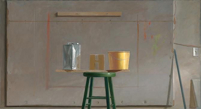 "Simple Still Life with Yellow Bucket", 2000 - 2019, oil on canvas, 36" x 66"