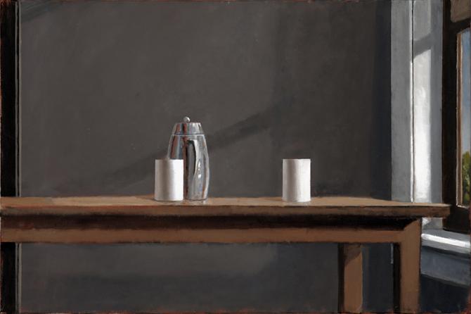 "Coffee Pot and Two Cups", 2019, oil on canvas, 20" x 30"