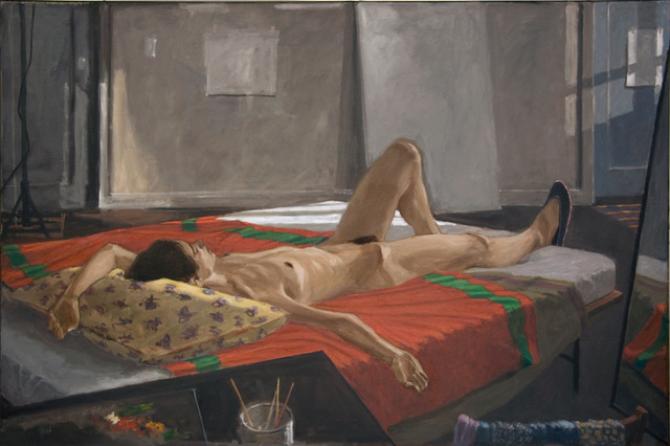 "In the Studio- Isabella Resting", 1975 (Subsequently reworked by the artist), oil on canvas, 48.75 x 70" 