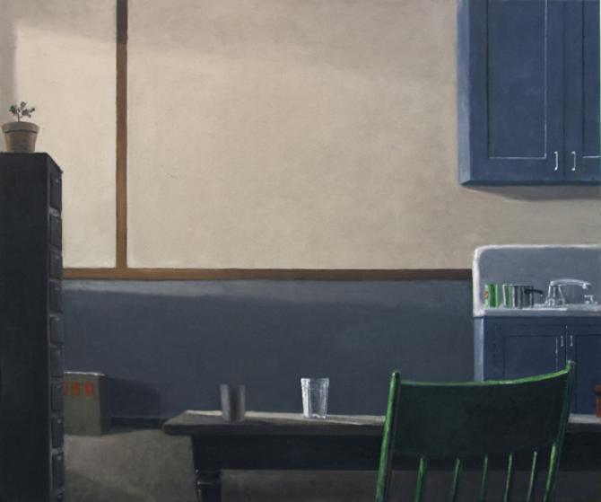 "Kitchen with Green Chair", 2015, oil on canvas, 40 x 48"