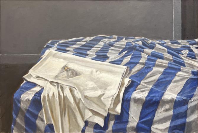 "Lightbulb and Drapery", 2026, oil on canvas, 34" x 50"