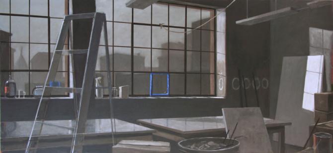 "Loft, Broken Window, Morning", 2015, oil on canvas, 42 x 90"