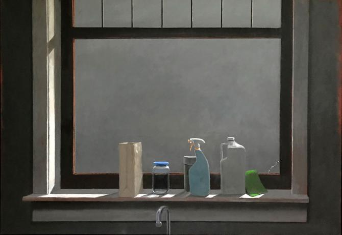 "Kitchen Window at Night", 2019, oil on canvas, 46" x 66"