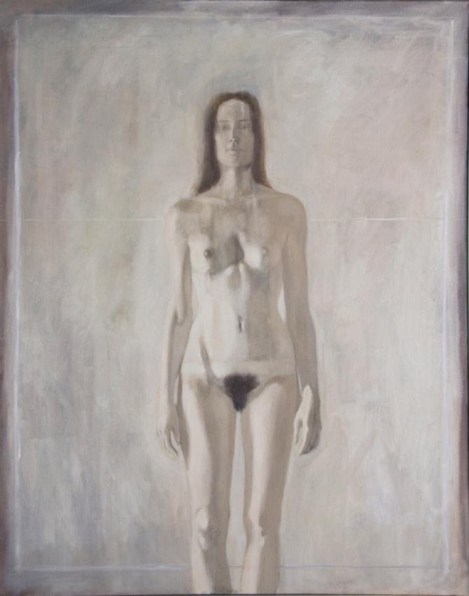 "Melonie Standing", 1976 (Subsequently reworked by the artist), oil on canvas, mounted on wood panel, 44 x 35" 