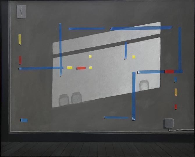 "Mondrian Continues a Painting- Composition with Colored Tape and Shadows", 2023, oil on canvas, 38" x 46"