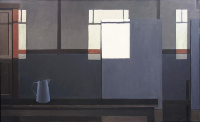 "Mondrian's Studio with the Lights Off (Blue Pitcher)", 2016, oil on canvas, 44 x 72"