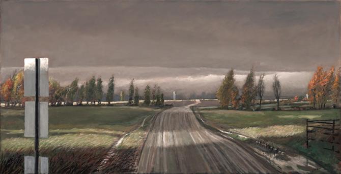 "Near My Brother-In-Law's Farm", 2018, oil on canvas. 32" x 62"