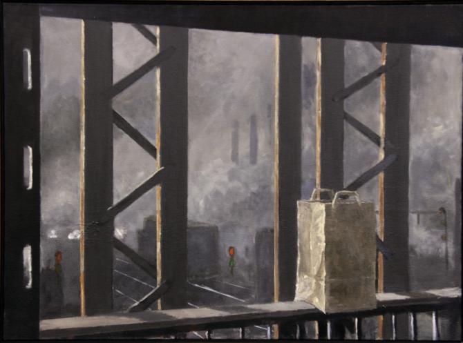 “Railway Trestle, Lower Level, Groceries”, 2015, oil on canvas, 21.5 x 35"