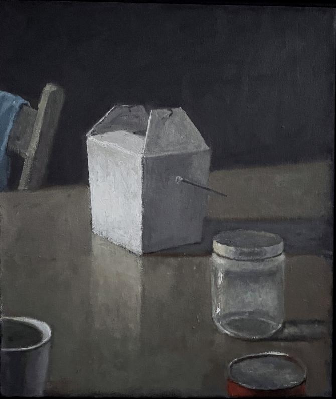 "Simple Still Life with Take-out Container", 2022, oil on canvas, 14" x 12"