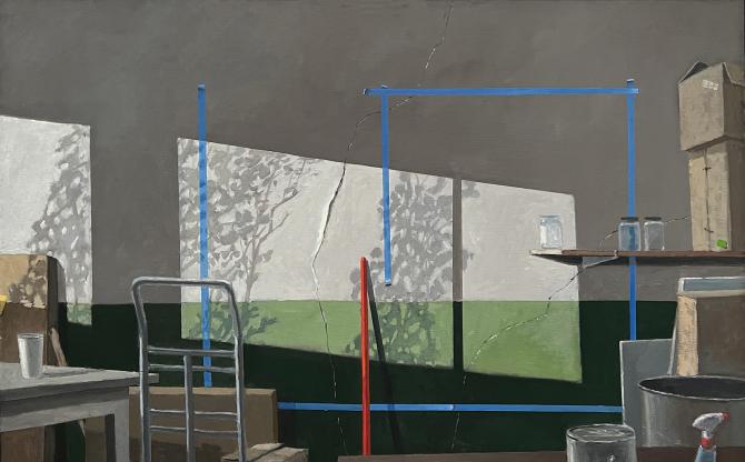 "Studio, Composition with Red Broom Stick and Blue Tape", 2022, oil on wood panel, 40" x 62.5"