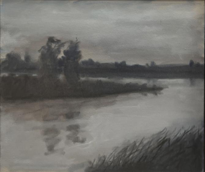 "Study for River Early Evening" 2025, oil on canvas, 14" x 16"