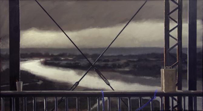 "Trestle, Evening Rain, Two Dogs", 2015, oil on canvas, 36 x 66"