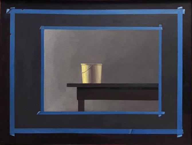 "Yellow Bucket with Blue Tape", 2022, oil on canvas, 36" x 44"