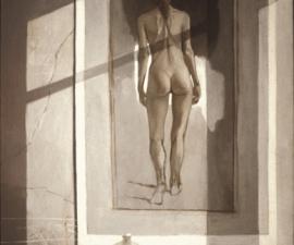 'Studio Interior: Nude Walking', oil on canvas, 1993, 72x38'; private collection, Miami Fl