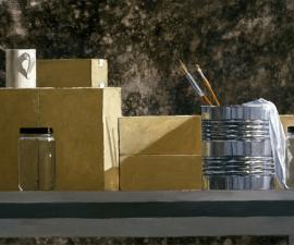 'Can, Brushes, Boxes and a Cup', acrylic on canvas, 2000, 20.5x34'; private collection