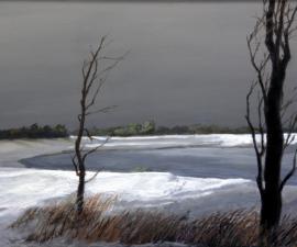 "Trees, Frozen Lake", 2008, oil on wood panel, 24 x 36"