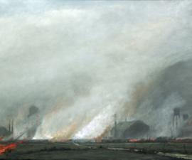 'The Fire Reached Petersons Crossing', 2008, oil on canvas, 38 X 86 inches