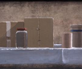 'Still Life w/ Box, Jar, Cup amd Blue Striped Container', 2009, acrylic on canvas, 9 X 23 inches