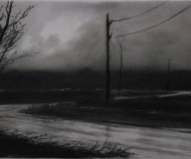 'Rural Road at Night', 2009, charcoal, 14 x 22 inches