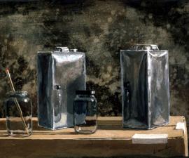 'Solvent Cans', acrylic on paper, 2001, 12x14'; private collection, NYC