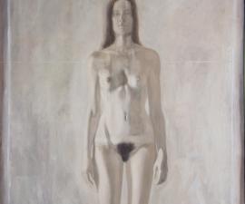 "Melonie Standing", 1976 (Subsequently reworked by the artist), oil on canvas, mounted on wood panel, 44 x 35" 