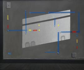 "Mondrian Continues a Painting- Composition with Colored Tape and Shadows", 2023, oil on canvas, 38" x 46"