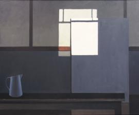"Mondrian's Studio with the Lights Off (Blue Pitcher)", 2016, oil on canvas, 44 x 72"