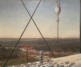 "Putting Up the Scaffolding", 2026, oil on canvas, 44" x 72"