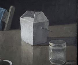 "Simple Still Life with Take-out Container", 2022, oil on canvas, 14" x 12"