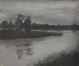 "Study for River Early Evening" 2025, oil on canvas, 14" x 16"