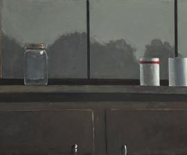 "Two Cups,  One Jar", 2022, oil on panel, 16" x 40"